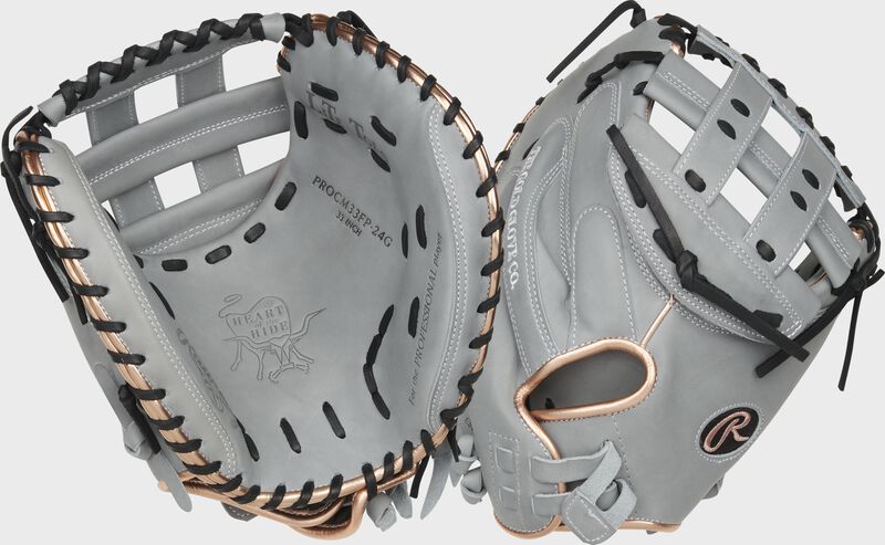 Two images showing the palm & back of a gray Heart of the Hide 33" fastpitch catcher's mitt