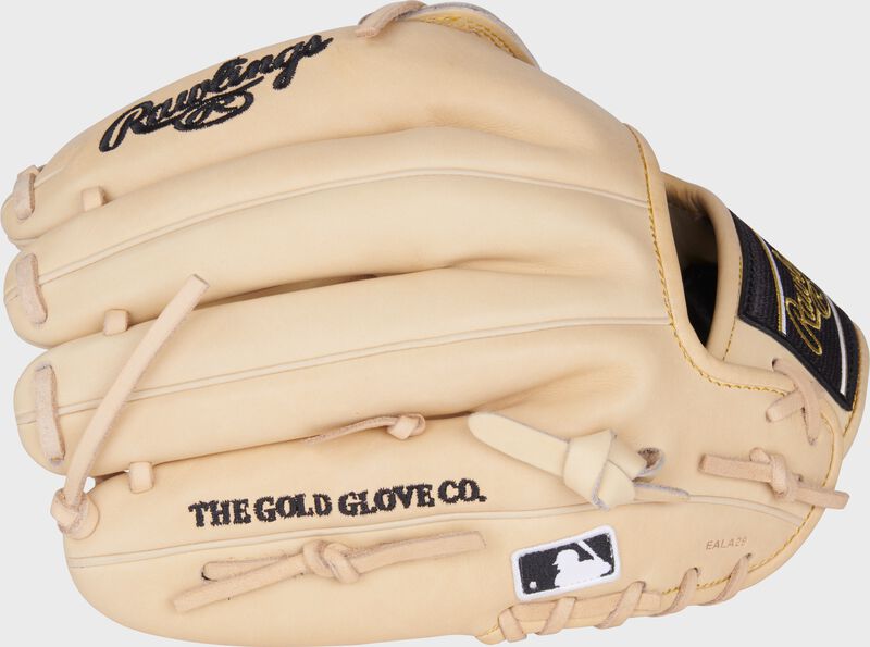 Camel back of a Heart of the Hide Kris Bryant glove with the MLB logo on the pinky