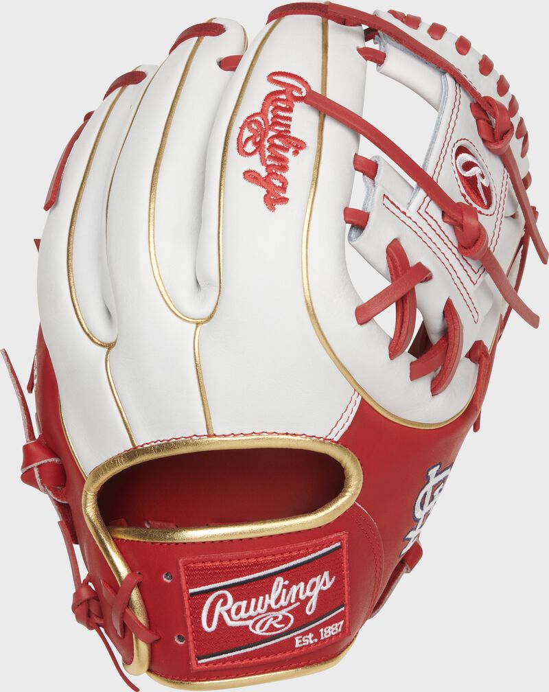 Shell back view of scarlet and white 2021 St. Louis Cardinals Heart of the Hide glove