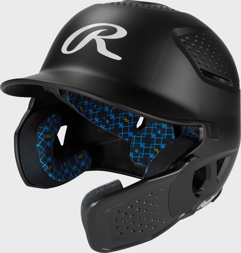Front left of a black Rawlings RX2 Reverse batting helmet