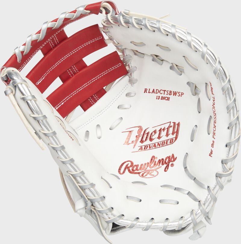 White palm of a Rawlings Liberty Advanced Color Series 1st base mitt with platinum laces and scarlet stamping - SKU: RLADCTSBWSP loading=