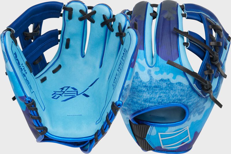 2 images showing the palm & back of a blue Rawlings Father's Day REV1X infield glove