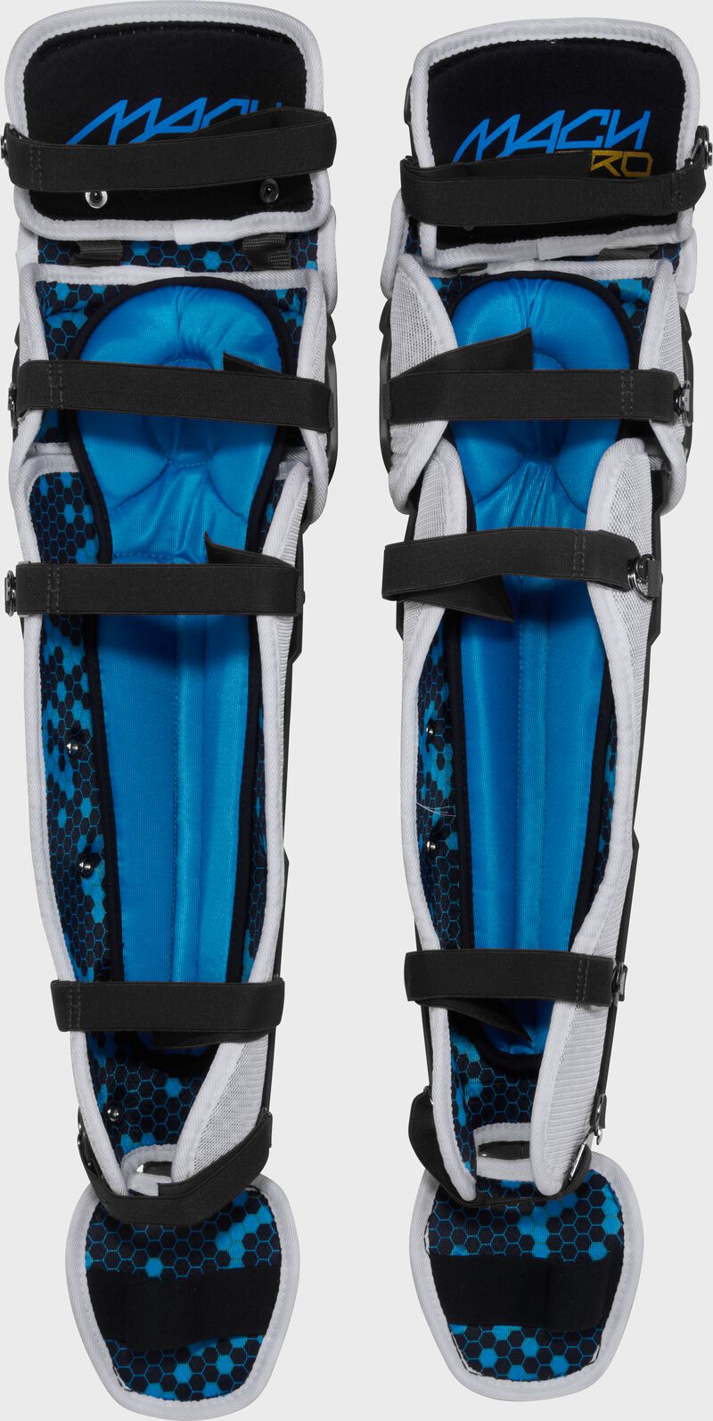 Padding of a set of black Rawlings Mach Pro Series leg guards with the leg straps connected