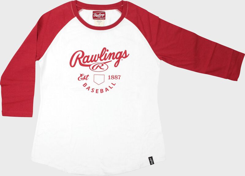 Front of Rawlings White/Scarlet Women's EST Raglan Baseball T-Shirt - SKU #RA30002-623 loading=