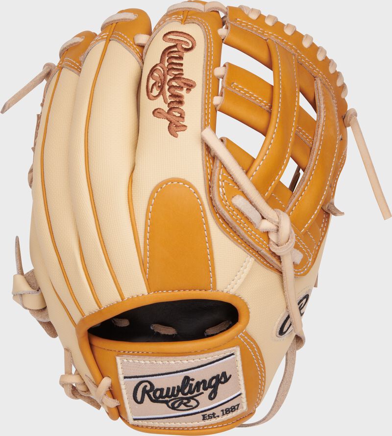 Camel Speed Shell back of a Heart of the Hide 11.75" H-web glove with a camel Rawlings patch
