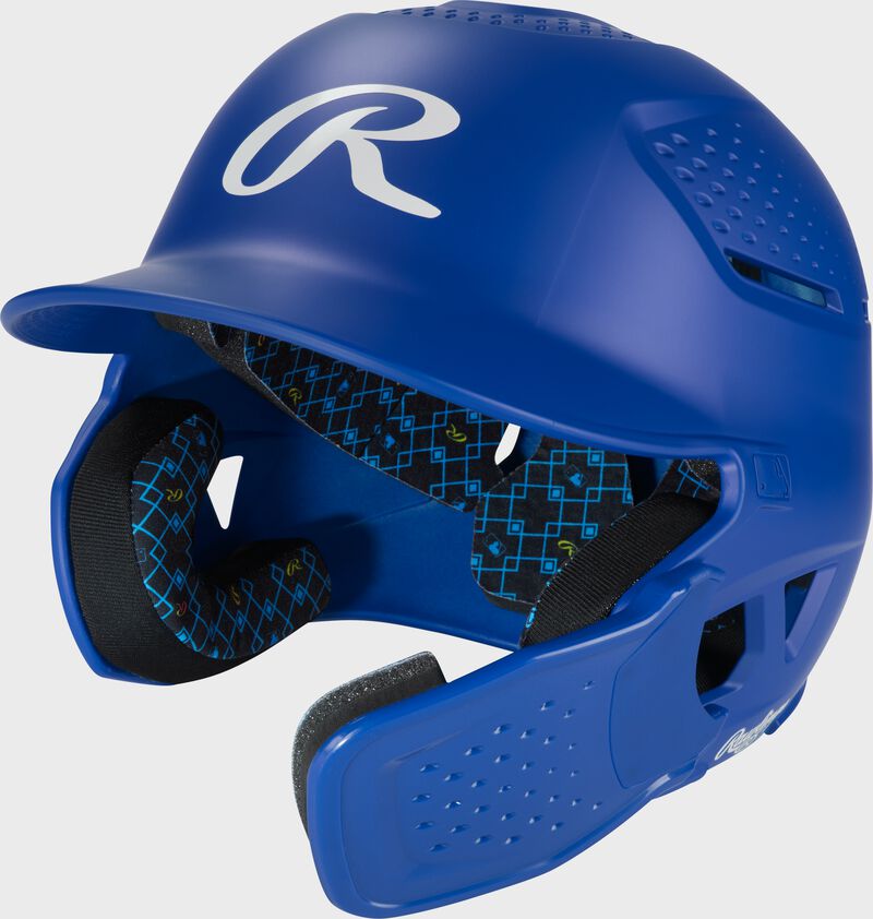Front left of a royal Rawlings RX2 Reverse batting helmet