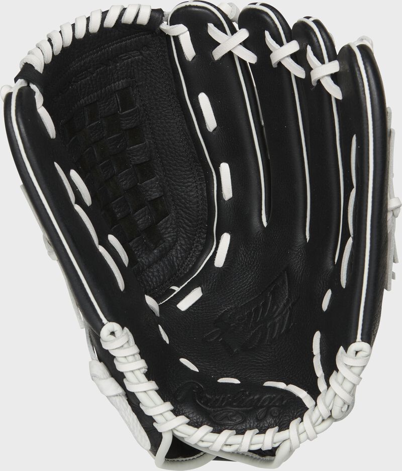RSO130BW Rawlings Shut Out softball glove with a black palm and white laces loading=