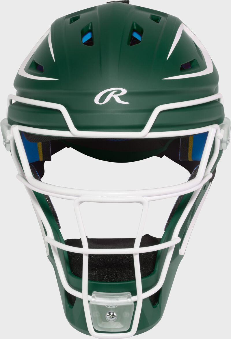 Front of a dark green Rawlings Mach Pro Series catcher's helmet