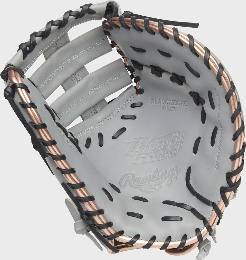 Gray palm of a Rawlings Liberty Advanced Color Series 1st base mitt with black laces - SKU: RLADCTSBGRG loading=