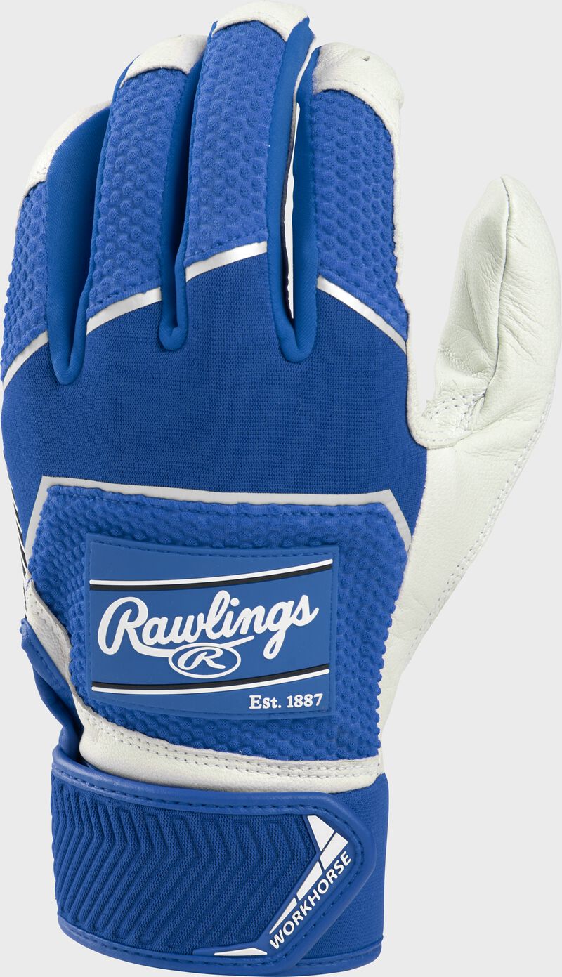 Back of a royal 2022 workhorse batting glove with a royal Rawlings patch - SKU: WH22BG-R loading=