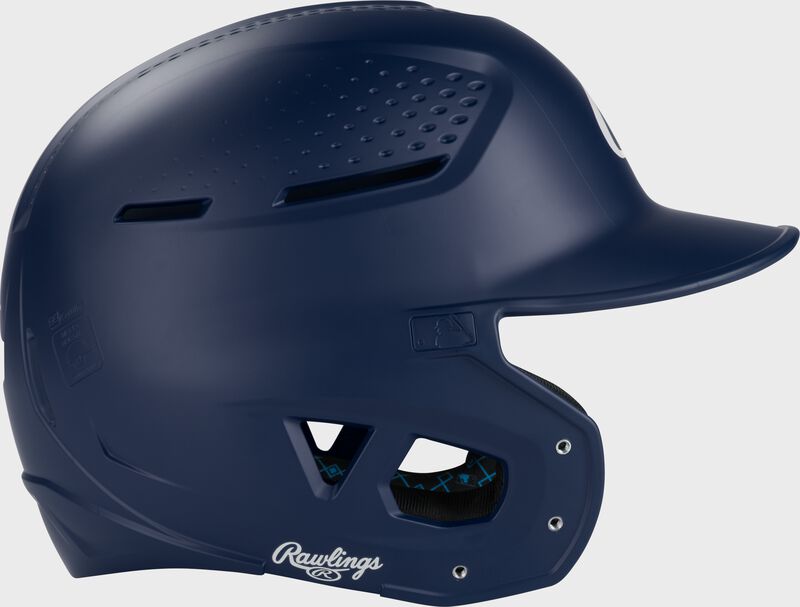 Right side of a navy Rawlings RX2 batting helmet