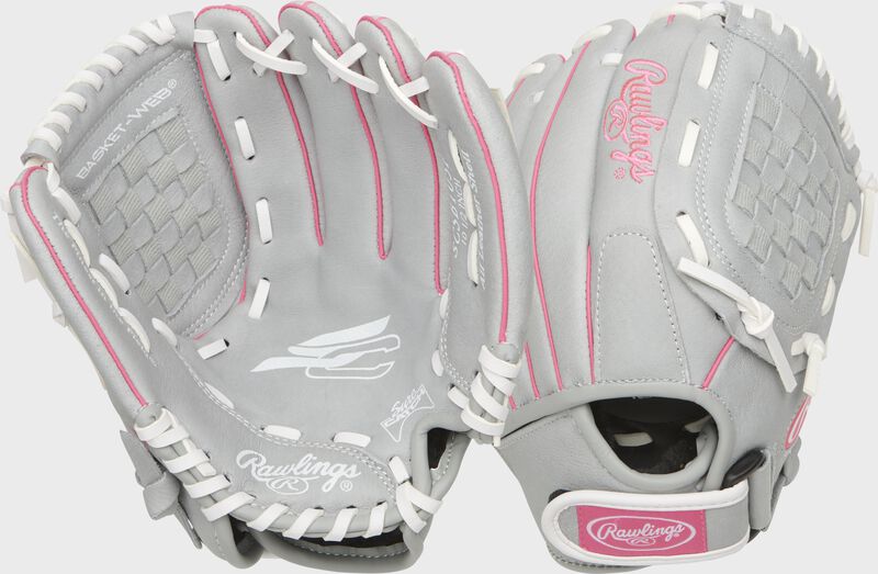 Two images showing the palm & back of a gray Sure Catch softball 10.5" youth glove loading=