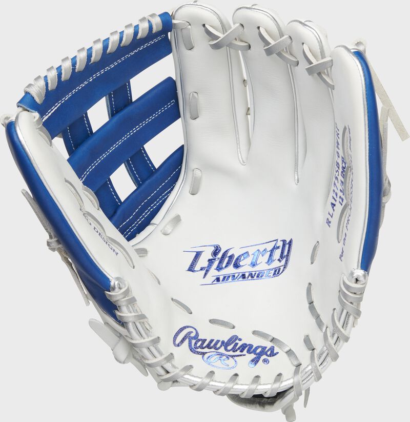 White palm of a Rawlings Liberty Advanced outfield glove with platinum laces and royal stamp - SKU: RLA1275SB-6WRP loading=
