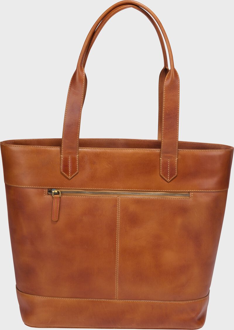 Side view of a tan Rawlings Double Play tote bag