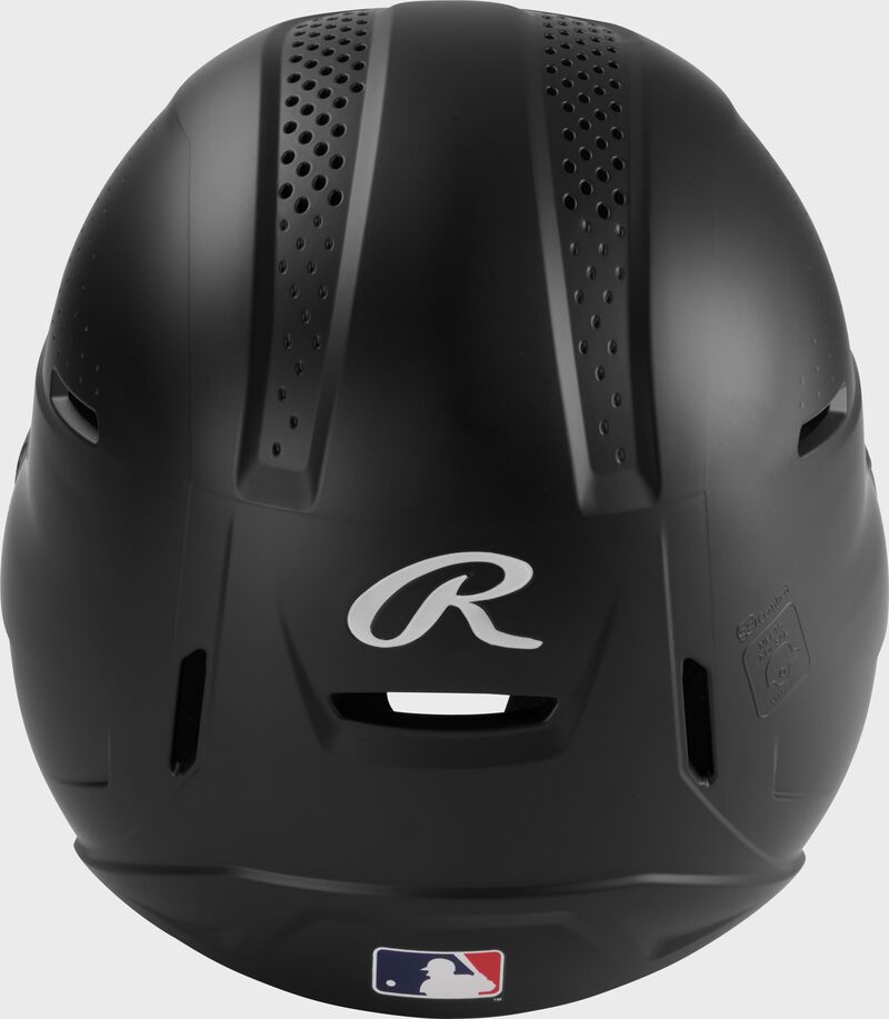 Back of a black Rawlings RX2 batting helmet