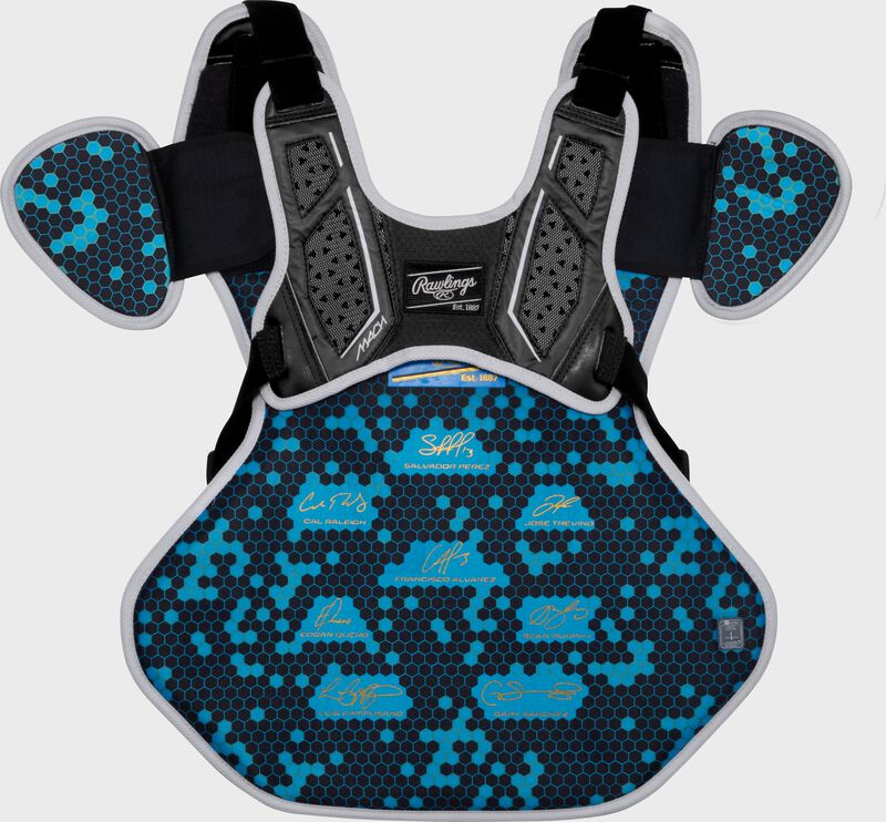 Back of a black Rawlings Mach Pro Series chest protector