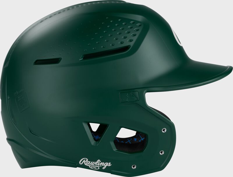 Right side of a dark green Rawlings RX2 batting helmet