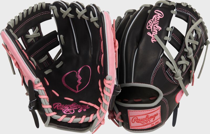 Two images showing the palm & back of a black Rawlings Heart of the Hide Broken Heart 11.5" glove