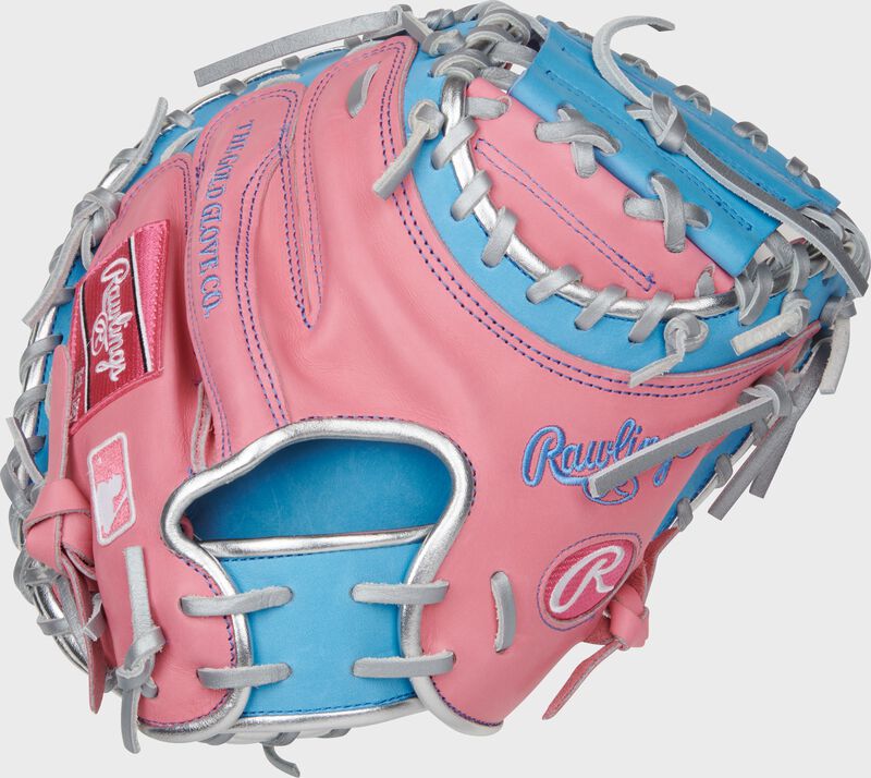 Back of a pink/Columbia blue Heart of the Hide 32.5" catcher's mitt