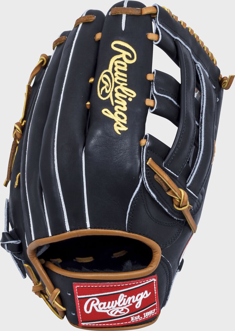 Back of a black Heart of the Hide 12.75-Inch H-web outfield glove with a red Rawlings patch - SKU: RSGPRO3036JBTPRO