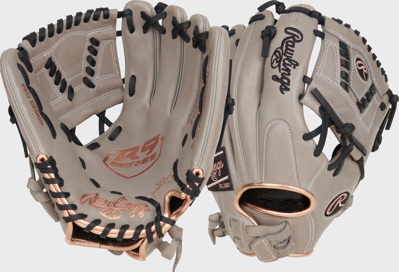Two images showing the palm & back of a gray R9 Series 11.5" ContoUR Fit fastpitch glove loading=