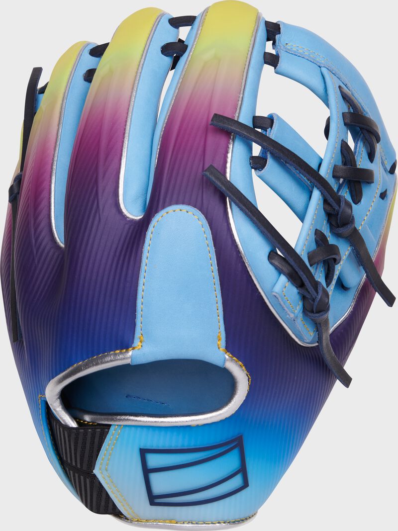 Navy/Columbia blue design back of a Rawlings Francisco Lindor REV1X infield glove loading=