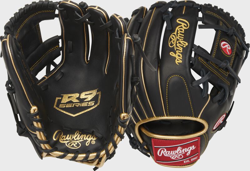Two images showing the palm & back of a black 2021 R9 Series 11.5" infield glove loading=