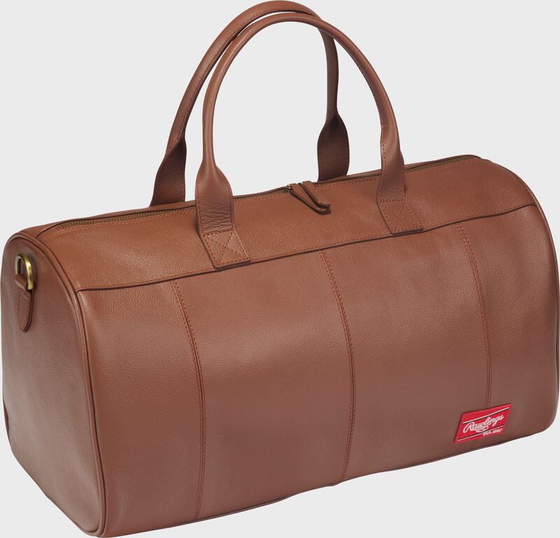 Front angle view of a tan Rawlings Strike Out duffle bag