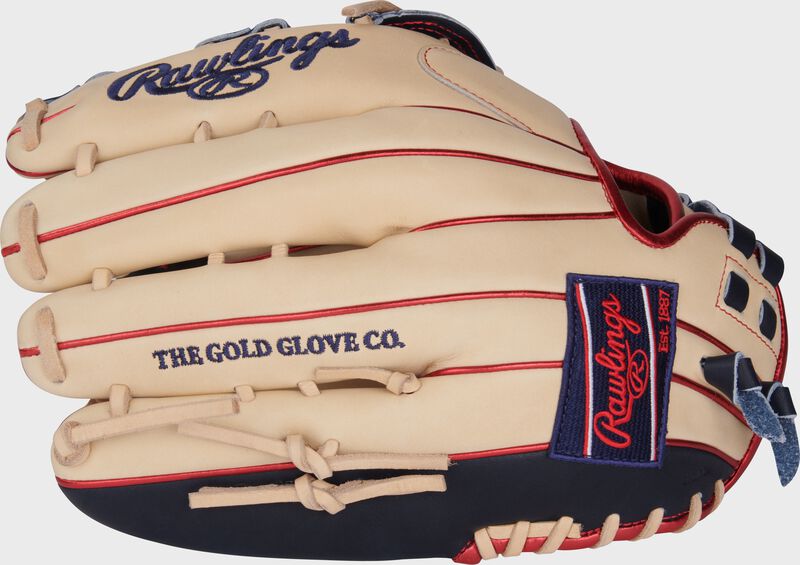 Back of a camel 12.75" Heart of the Hide outfield fastpitch glove with a navy Rawlings patch loading=