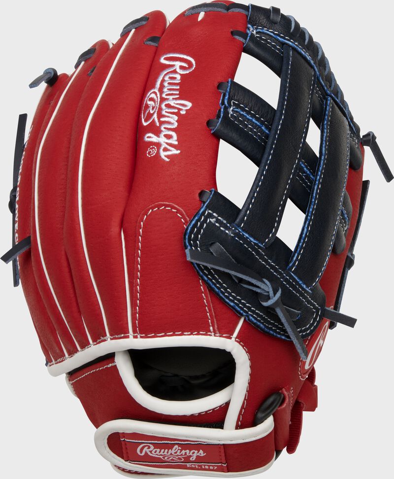 Back of a scarlet Bryce Harper signature Sure Catch glove with a red Rawlings patch on the wrist strap - SKU: SC115BH loading=