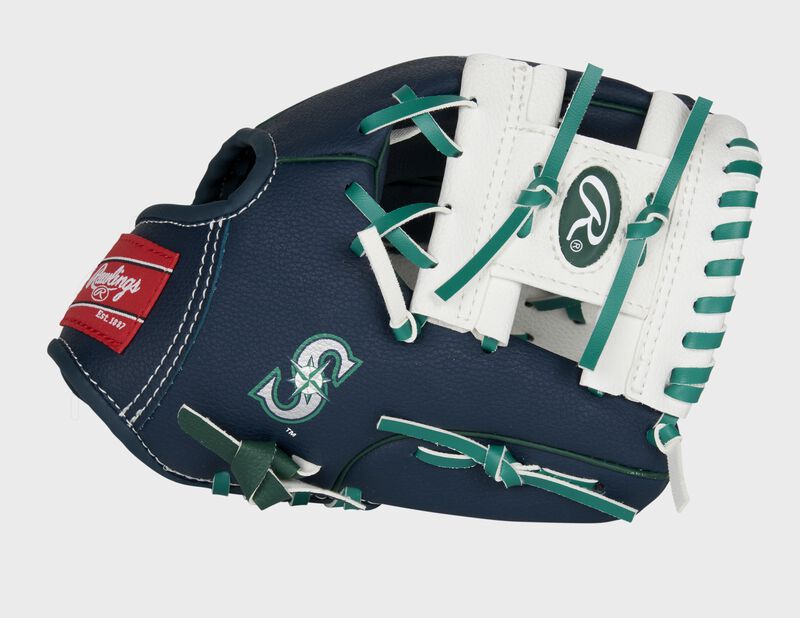Thumb of a navy/white Seattle Mariners 10-Inch team logo glove with a white I-web and Mariners logo on the thumb - SKU: 22000015111 loading=