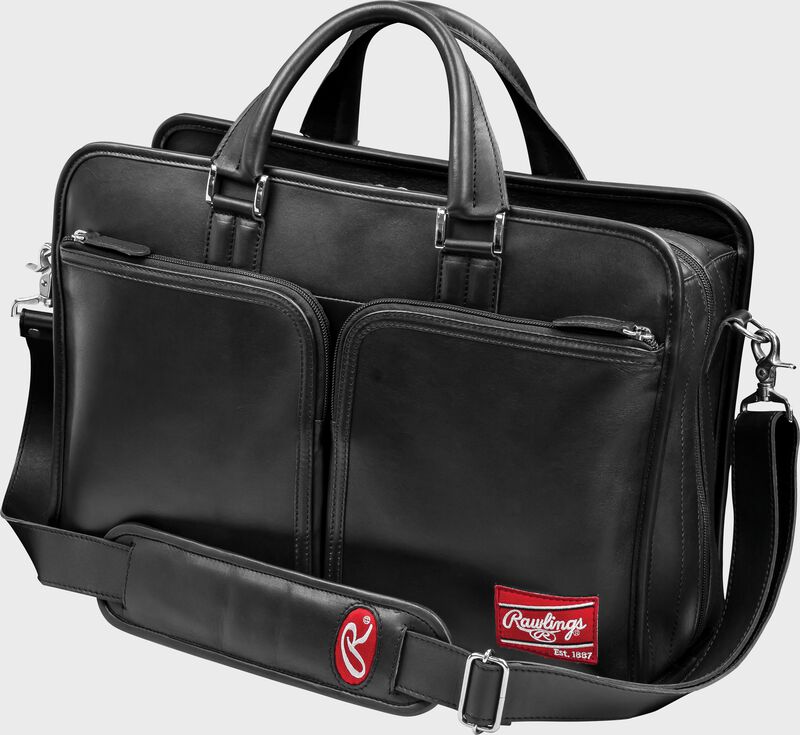 Heart Of The Hide Black Leather Briefcase with two pocket sides and Rawlings patch on bottom left oval "R" on strap