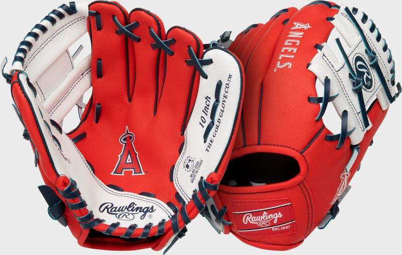 Two images showing the palm & back of a Los Angeles Angels team logo glove loading=