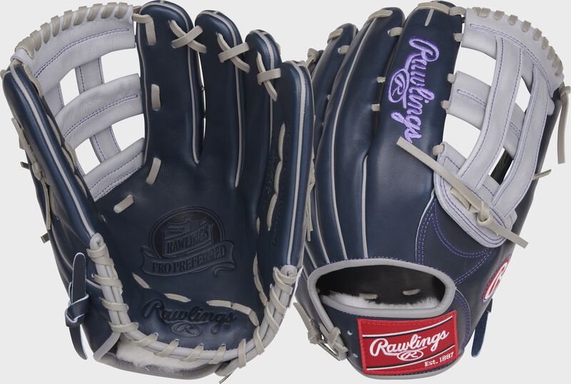 2 views showing the palm & thumb of a navy Aaron Judge Pro Preferred outfield glove - SKU: PROS3039-6AJ loading=