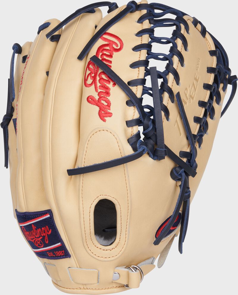 Camel fastback design back of a Mike Trout Pro Preferred outfield glove
