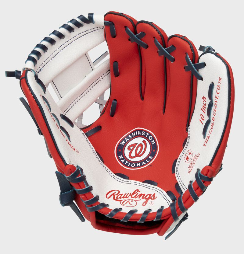 A red/white Rawlings Washington Nationals youth glove with the Nationals logo stamped in the palm - SKU: 22000031111 loading=