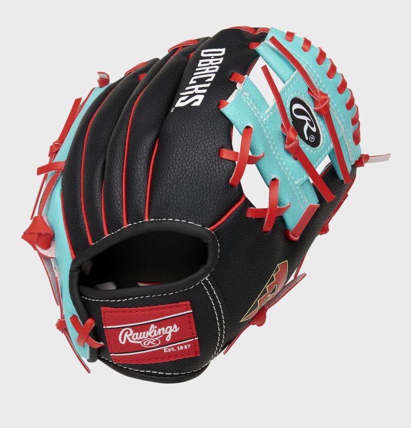 Back of a black/teal Arizona Diamondbacks 10-inch I-web glove with a red Rawlings patch - SKU: 22000010111