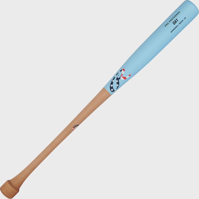 A natural/Columbia blue Rawlings Pro Preferred OA1 maple wood baseball bat loading=
