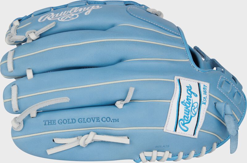 Columbia blue back of a R9 Series 12.5" fastpitch glove with a white/Columbia blue Rawlings patch loading=