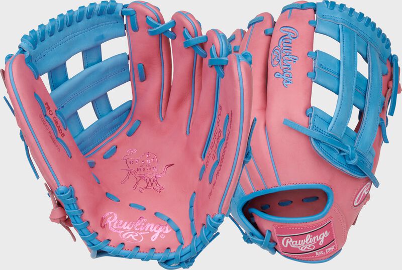 Two images showing the palm & back of a pink/Columbia blue Heart of the Hide ContoUR Fit outfield glove