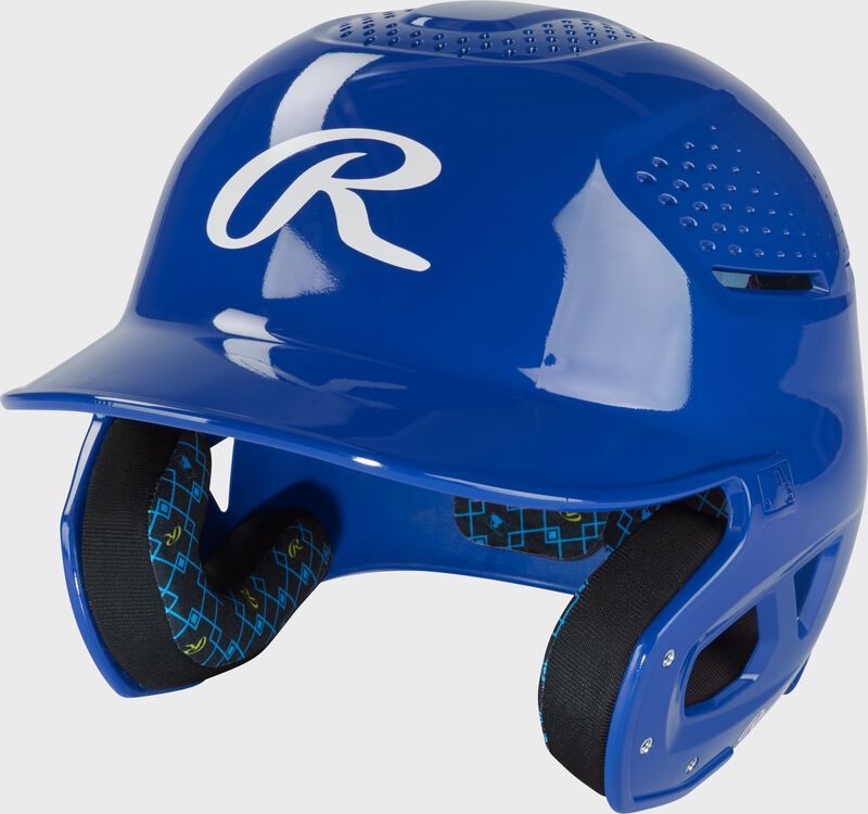 Front left of a royal Rawlings RX2 gloss baseball batting helmet