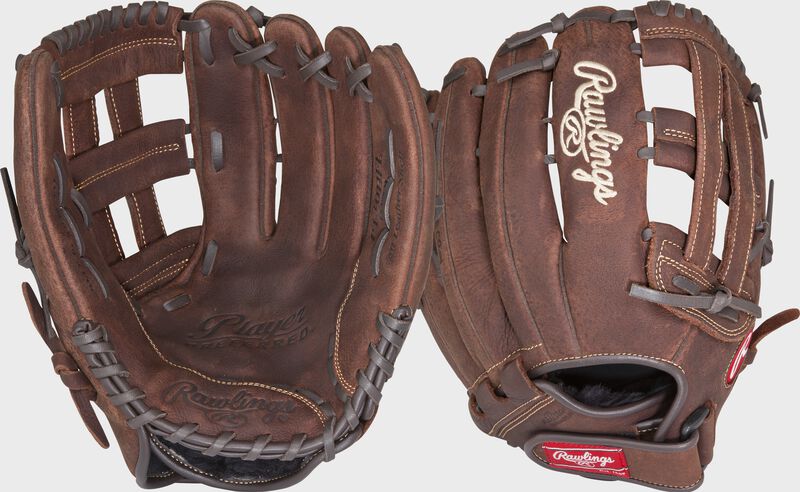 Two images showing the palm & back of a brown Player Preferred 13" outfield glove