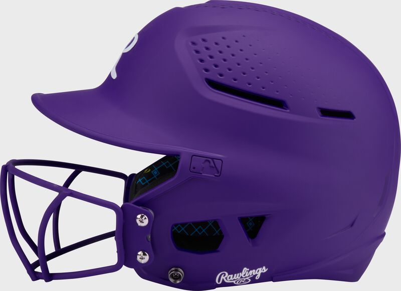 Left side of a purple Rawlings RX2 fastpitch batting helmet loading=