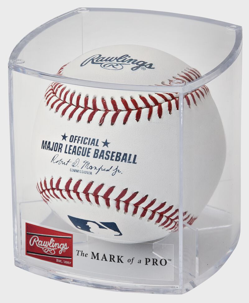 A ROMLB Official MLB baseball in a clear display cube