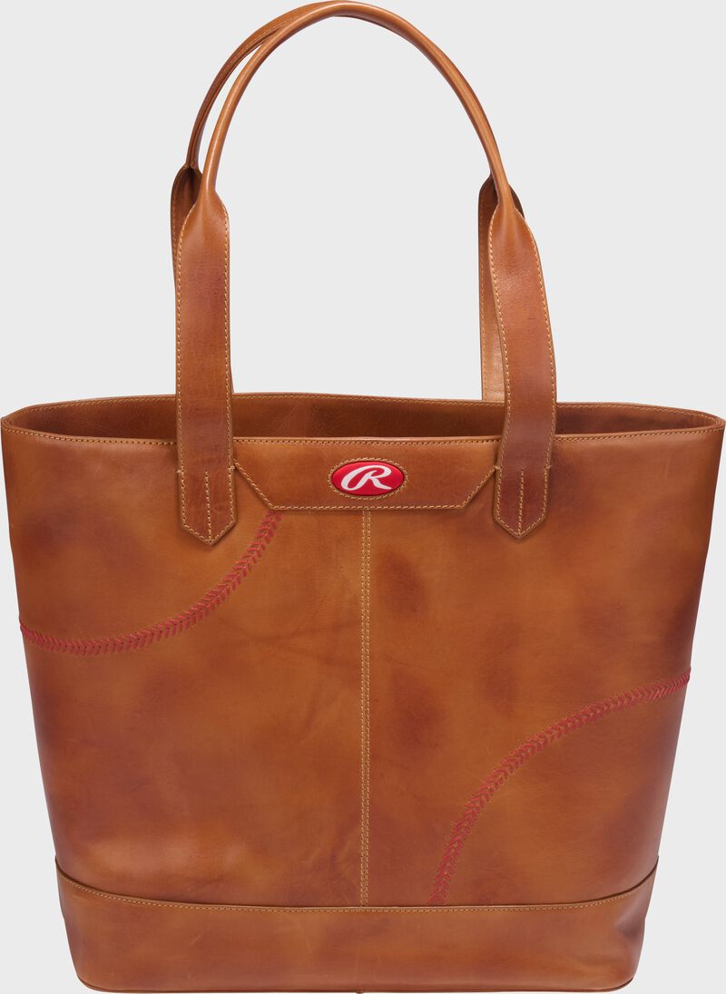 Main side view of a tan Rawlings Double Play tote bag