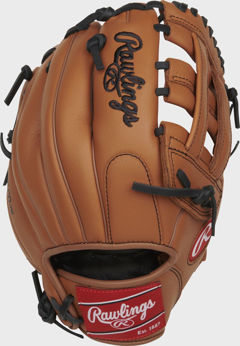 Tan back of a Rawlings 11" Select Pro Lite Nolan Arenado glove with a red Rawlings patch - SKU: RSPL110NA loading=