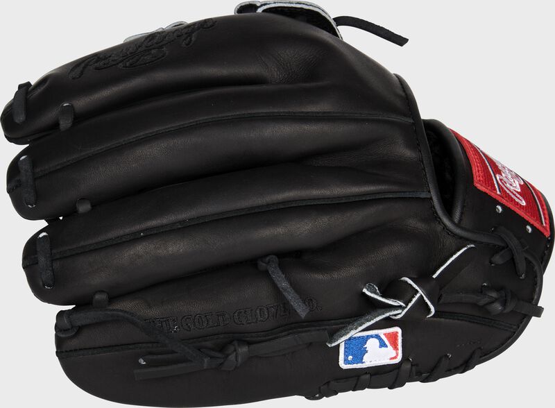 Back of a black Heart of the Hide 12-Inch H-web glove with the MLB logo on the pinky - SKU: RSGPRO10006JBPRO