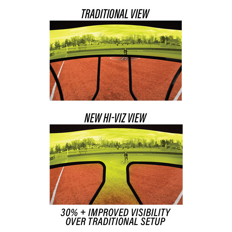 A infographic showing the Hi-Viz view versus a traditional helmet mask view - SKU: MCHVIZ loading=