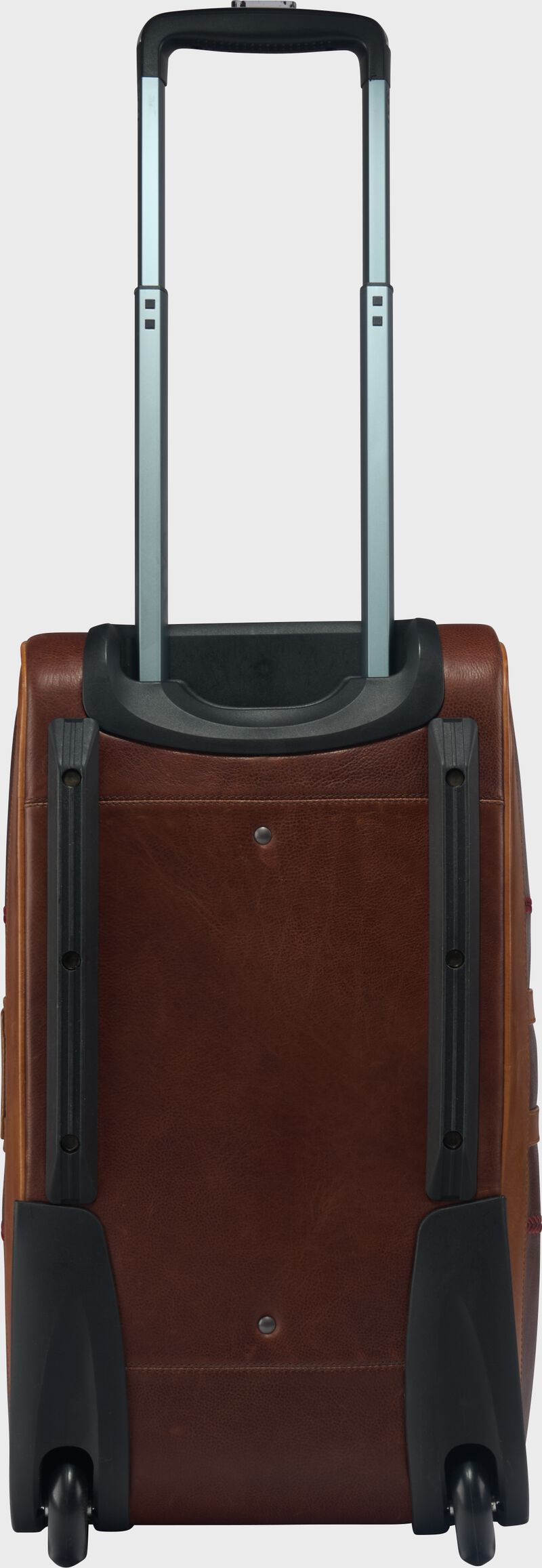 Bottom of a brown Rawlings Heritage Wheeled Duffle Trolley Bag with the telescoping handle out loading=