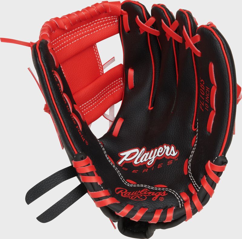 Black palm of a Rawlings Players Series 10" youth glove with scarlet laces loading=